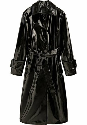 Glanzende zwarte lange trenchcoat met brede kraag, knoopsluiting, tailleceintuur en manchetbandjes aan de lange mouwen.