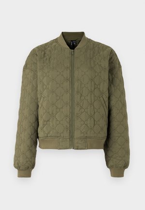 Quilted bomber jacket in olive green, featuring a front zipper, ribbed cuffs and hem, and a floral pattern embossed on the fabric.
