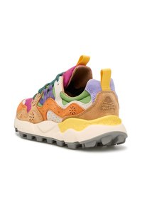 Multicolored sneaker featuring suede and mesh materials. Design includes orange, green, purple, and yellow accents with a textured sole.