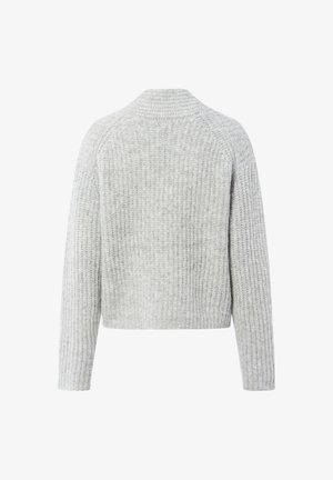 Helles graues Strickpullover, kürzere Passform, strukturiertes Rippenmuster, lange Ärmel und runder Kragen auf der Rückseite.