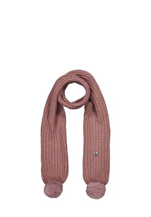 Bufanda de punto en rosa empolvado con dos pompones esponjosos en cada extremo. Presenta una insignia circular con logo en un lado. Textura suave, forma larga.