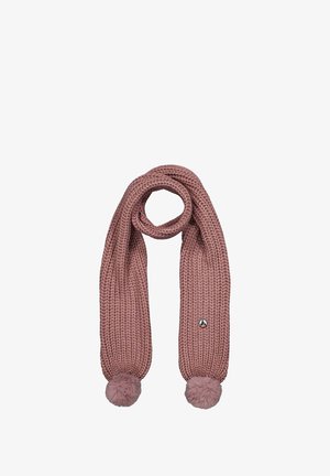 Gebreide sjaal in stoffige rozenkleur met twee pluizige pompons aan elk uiteinde. Bevat een ronde logo badge aan één kant. Zachte textuur, lange vorm.