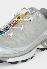 Ανοιχτό γκρι παπούτσι για trail running Salomon με σύστημα γρήγορου κορδονιού και πλέγμα στο πάνω μέρος για αναπνευσιμότητα.