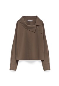 Pullover marrone, corto, con un ampio colletto e tre bottoni decorativi su un lato. Realizzato in tessuto liscio con una consistenza morbida.