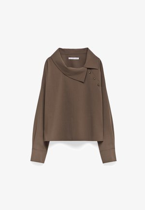 Brauner, kurzer Pullover mit einem weiten Kragen und drei dekorativen Knöpfen auf einer Seite. Hergestellt aus glattem Stoff mit einer weichen Textur.