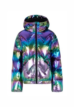 Puffjacke aus irisierendem Material, mit Kapuze, einem Frontreißverschluss und diagonalem Steppmuster in Schattierungen von Lila und Grün.