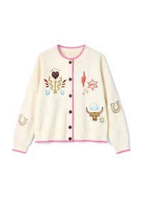 Κρεμ ζακέτα με μαύρα κουμπιά, ροζ περιθώριο και πολύχρωμα κεντημένα μοτίβα, όπως κάκτος, κλειδί, πεταλάδες, αστέρι και κρανίο ταύρου.