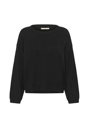 Crni pleteni pulover s okruglim izrezom, spuštenim ramenima i dugim rukavima. Skraćeni kroj s blago teksturiranim materijalom.