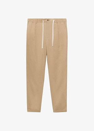 Beige bukser med elastisk talje, snorelukning og tapered ben. Lavet af letvægtsstof, med frontfolder.
