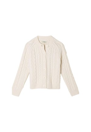 Cremfarbener Strickcardigan mit strukturiertem Kabelmuster, rundem Neckline und Knopfschluss, mit gerippten Bündchen und Saum.
