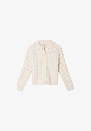 Cremfarbener Strickcardigan mit strukturiertem Kabelmuster, rundem Neckline und Knopfschluss, mit gerippten Bündchen und Saum.