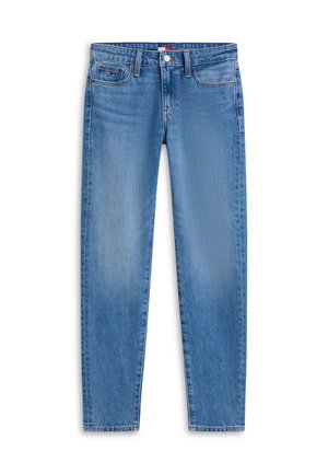 Jean slim bleu clair à taille mi-haute avec fermeture à bouton et zip, cinq poches et léger délavé sur les cuisses et les genoux.