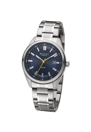 Silver metal wristwatch with blue dial, yellow second hand, date display at 3 o'clock, and "REGENT" and "SOLAR" labels on face.