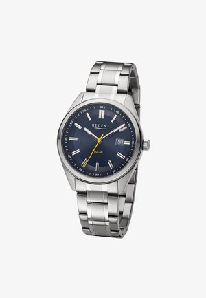 Silver metal wristwatch with blue dial, yellow second hand, date display at 3 o'clock, and "REGENT" and "SOLAR" labels on face.