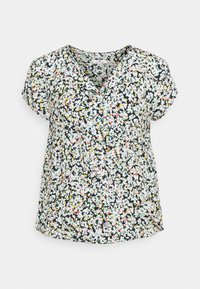 Blusa a maniche corte con sfondo nero e motivo floreale multicolore. Il tessuto sembra leggero, con una vestibilità rilassata e scollatura a V.