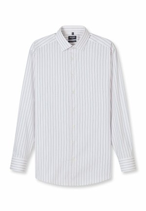 Weißes langärmliges Hemd mit Knöpfen, dünnen grauen vertikalen Streifen, klassischem Kragen und geknöpften Manschetten, auf weißem Hintergrund dargestellt.