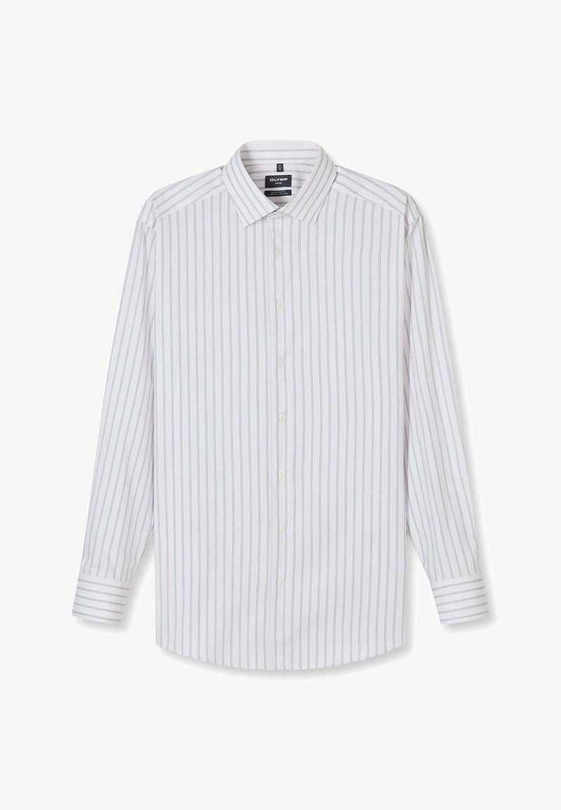 Weißes langärmliges Hemd mit Knöpfen, dünnen grauen vertikalen Streifen, klassischem Kragen und geknöpften Manschetten, auf weißem Hintergrund dargestellt.