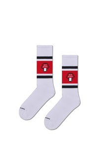 Białe skarpetki z pikselowym wzorem grzyba w kolorze czerwonym, z czarnymi poziomymi paskami na czerwonej części. Odpowiednie do noszenia na co dzień.