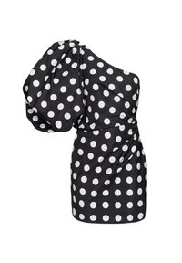 Abito nero a spalla unica realizzato in tessuto liscio con grandi pois bianchi. Presenta una manica puff strutturata e un dettaglio in vita arricciato.