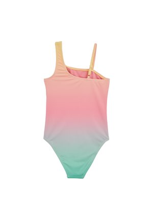 Enodelne kopalke v prelivnem dizajnu, z barvami od roza do mete zelene, narejene iz gladkega blaga; vključujejo nastavljive trakove in okrogel izrez.