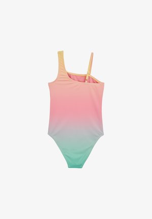 Maillot de bain une pièce au design dégradé, avec des couleurs allant du rose au vert menthe, fabriqué en tissu lisse ; comprend des bretelles ajustables et un col rond.