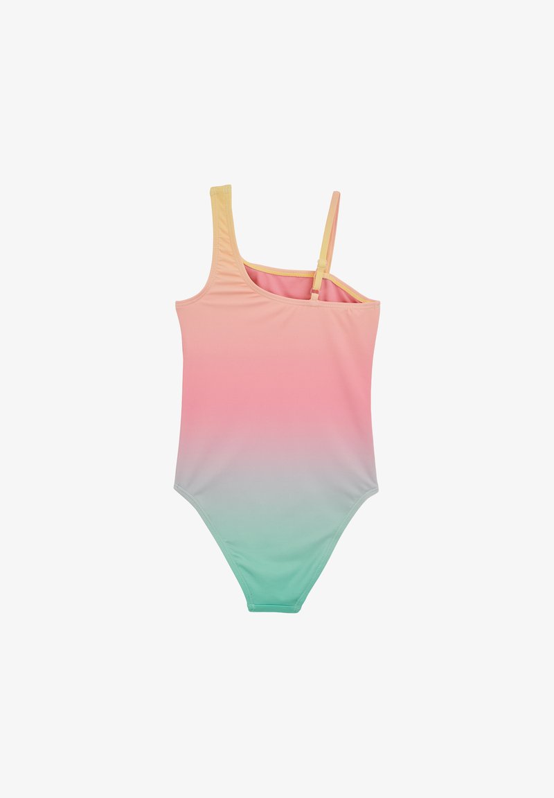 Maillot de bain une pièce au design dégradé, avec des couleurs allant du rose au vert menthe, fabriqué en tissu lisse ; comprend des bretelles ajustables et un col rond.