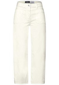Vita bomull denimbyxor med rak passform, utrustad med två framfickor och knappstängning. Ren design, avslappnad stil.