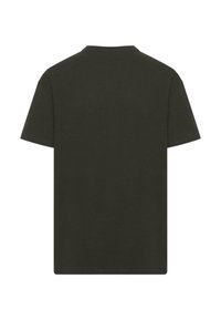 Dunkelgrünes Baumwoll-T-Shirt, kurze Ärmel, runder Ausschnitt, gerader Schnitt ohne Muster oder Akzente, durchgehend einfarbig.