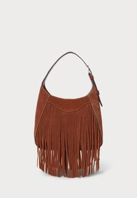 Brown suede shoulder bag with a curved design, featuring long fringes at the front, a leather handle, and a smooth texture.