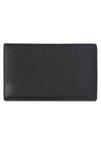 Portafoglio in pelle nera con superficie texturizzata, forma rettangolare e bordi cuciti. Presenta un interno liscio. Design compatto e minimalista.
