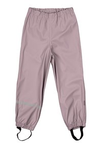 Waterdichte paarse broek met een elastische taille, elastische manchetten, reflecterende streep en verstelbare enkelsluitingen. Gladde, gestructureerde stof.
