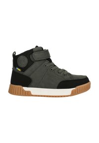 Høje sneakers i mørkegrå og sort med velcro-rem, snørelukning, gummisål og teksturerede paneler. Gummiydersål med grebmønstre.