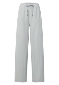 Lichtgrijze, wijde broek met een elastische tailleband en een trekkoord. Glad textuur, geen zichtbare patronen of hardware-details.
