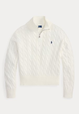 Jersey blanco de manga larga con punto trenzado, cuello alto, cremallera corta, puños y bajo de canalé y un pequeño logotipo azul marino en el pecho.