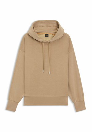 Beige Kapuzenpullover mit lockerer Passform, Kordelzügen, langen Ärmeln und gerippten Bündchen. Glatte Textur und minimale Nähte.