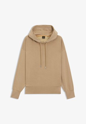 Beige hoodie met een relaxte pasvorm, koordjes, lange mouwen en geribbelde manchetten. Gladde textuur en minimale naden.