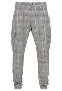 Pantalon cargo gris slim avec motif à carreaux noirs et blancs, poches à rabat sur les côtés, fermeture par boutons et poignets élastiques.