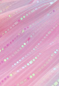 Pink mesh fabric featuring reflective circular and rectangular sequins in varying sizes, creating a textured, shimmering appearance.