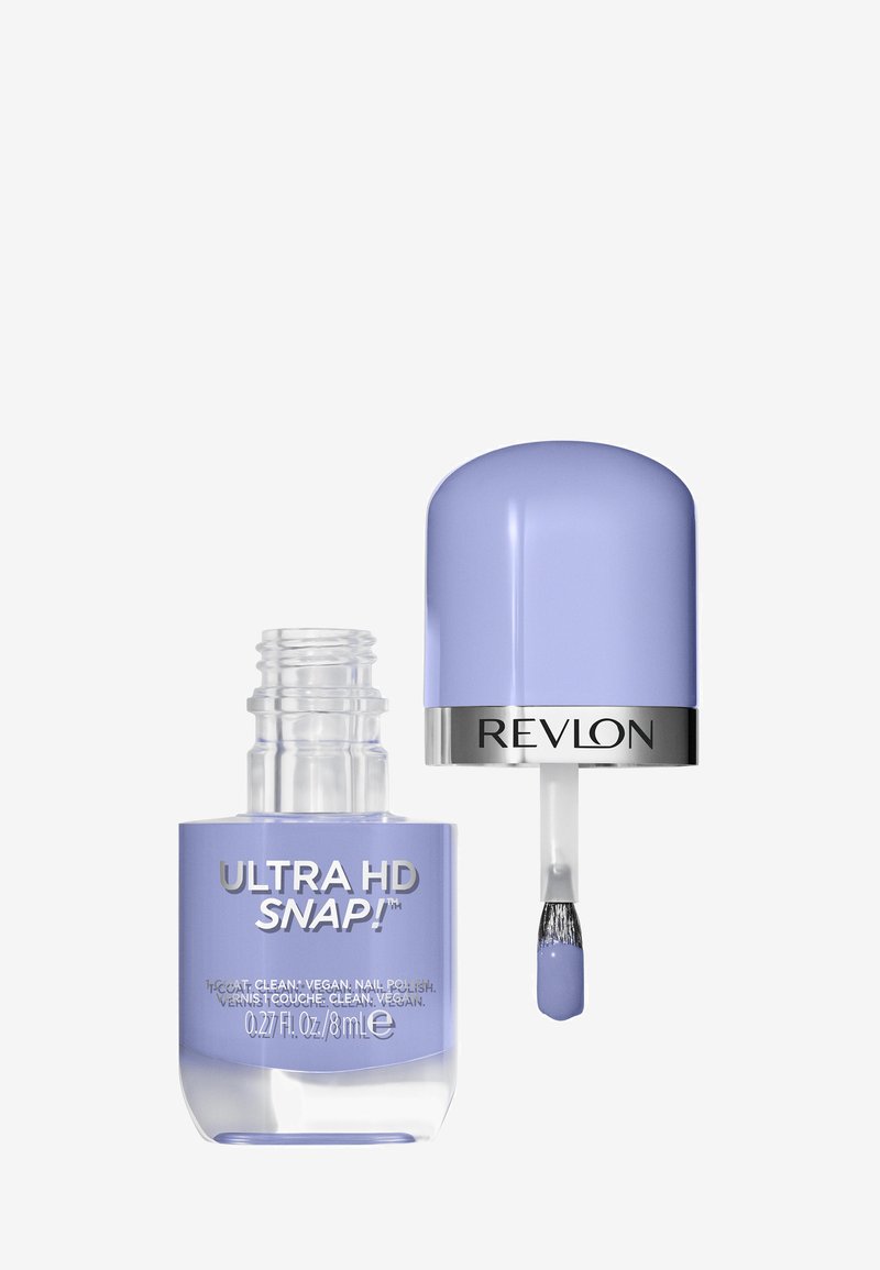 Bottiglia di smalto per unghie in vetro trasparente con tappo lilla, contenente una formula vegana color lilla. Inclusa un'applicatore a pennello, l'etichetta riporta "Revlon Ultra HD Snap!"