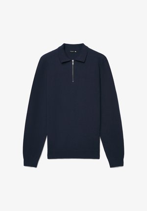Granatowy pulower z zamkiem na kołnierzu, długimi rękawami, prążkowanym dołem i mankietami. Wykonany z miękkiego, teksturowanego materiału. Rozmiar: XL.