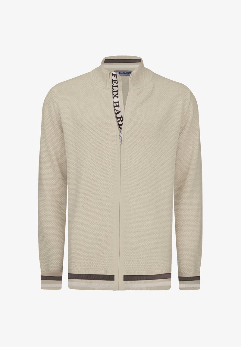 Cardigan beige con zip, realizzato in tessuto testurizzato, con colletto a coste e strisce di contrasto marroni su polsini e orlo. Presenta del nastro con logo sulla zip.