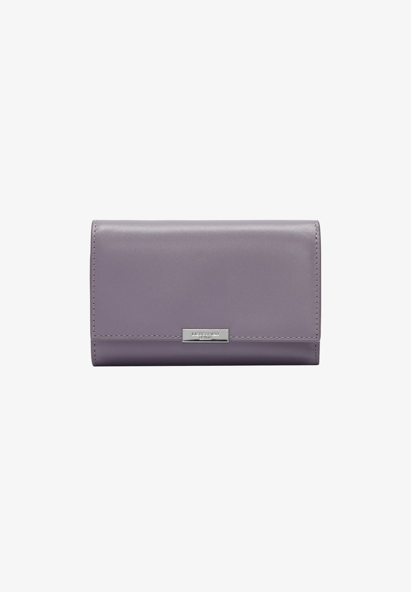 Portefeuille en cuir violet avec une texture lisse, de forme rectangulaire et un accent métallique argenté à l'avant. Bords cousus simples.
