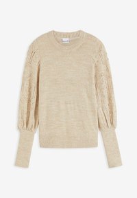 Beige stickad tröja med texturerade puffärmar som har diamantformad öppet arbete och knoppdetaljer, ribbade manschetter, nederkant och rundad halsringning.