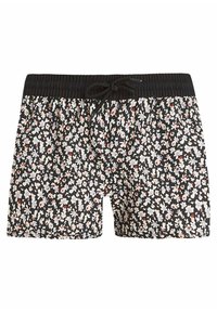 Pantaloni corti neri con un motivo floreale bianco, rosa e blu, vita elasticizzata con coulisse e design rilassato.