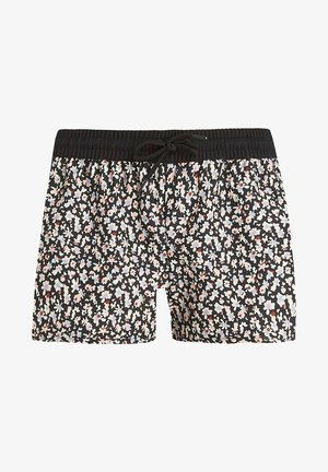 Zwarte short met een wit, roze en blauwe bloemenpatroon, elastische tailleband met koord en een relaxte pasvorm.