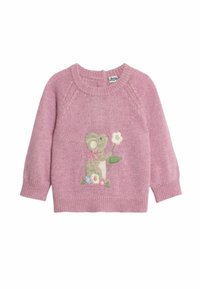 Maglione rosa lavorato a maglia con collo rotondo, caratterizzato da un topo ricamato che tiene un fiore. Maniche lunghe e dettaglio a coste sull'orlo.