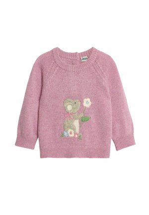 Rosa gestrickter Pullover mit rundem Hals, der eine bestickte Maus zeigt, die eine Blume hält. Lange Ärmel und gerippte Saumdetails.