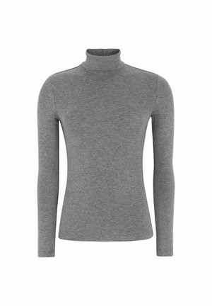 Maglione grigio a collo alto in tessuto morbido ed elastico. Presenta maniche lunghe e un design aderente, adatto per essere indossato a strati o da solo.