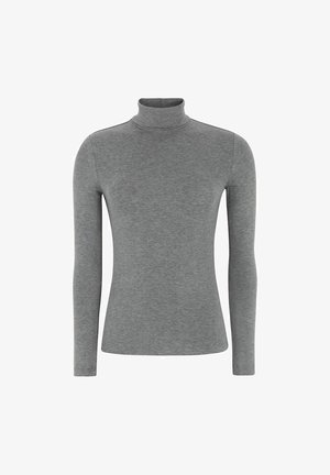 Grå polotröja i mjukt, stretchigt material. Har långa ärmar och en figurnära design, perfekt för att bära lager på lager eller ensamt.