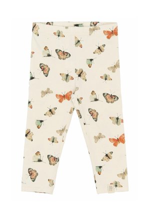 Leggings mit Schmetterlingsmuster aus leichtem Stoff. Sie zeigen verschiedene Schmetterlinge in Orange-, Grün- und Beigetönen auf einem cremefarbenen Hintergrund.